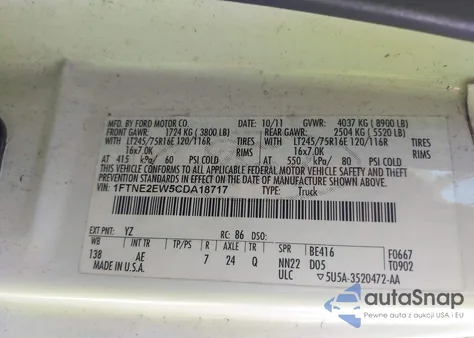 2012 Ford E-250 Commercial z USA, uszkodzony, nr VIN 1FTNE2EW5CDA18717